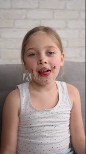 Cute little girl covered in chocolate eating cookies on the sofa. Vertical video. Stock Video