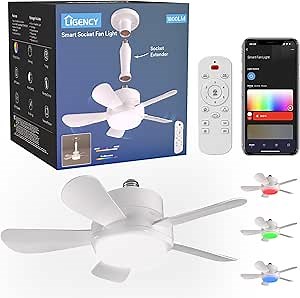 Ligency Smart Socket Fan Light with Remote Control, 6 Speeds RGBW Led Light Bulb Fan, Small Screw in Ceiling Fan for Garage