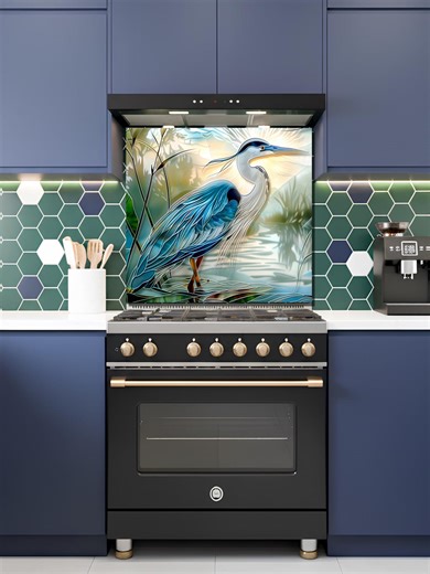 Blue Heron Stove Backsplash Tempered Glass Panel, Custom Size - Etsy
