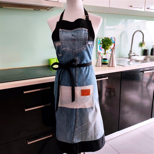 Eco-friendly Handmade Upcycled Denim Apron: Patchwork Design, Sustainable Kitchen Wear, Sise L - Etsy