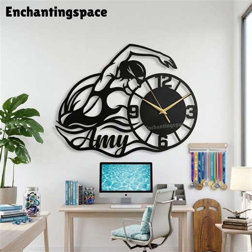 Personalized Swimming Silhouette Metal Clock, Minimalist Living Room Wall Decor, Gift for Coaches - Etsy