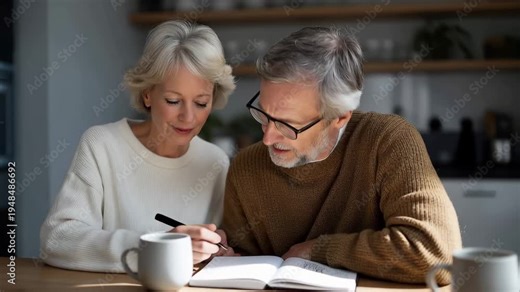 Couple reviewing handwritten budget goals and savings tracker in notebook at kitchen table with tea mugs and sunlight streaming, perfect for financial planning, partnership collaboration, and
