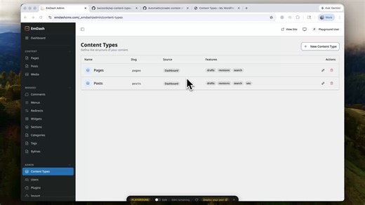 Content types in WordPress has always been done by 3rd-party plugins built for the pre-block editor paradigm. I decided to show you how we should bring modern, AI-native content modeling to WordPress, in this very alpha prototype: