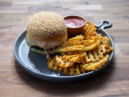 Mexi-Mac Burgers and Waffle Fries with Taco Sauce