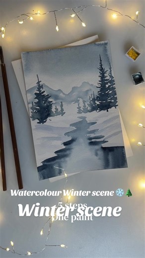 Beginner friendly winter scene in watercolour painting process✨ Watercolour landscape art idea ❄️💫 #watercolour #paintingprocess #paintingideas #lanscapepainting #ArtForBeginners
