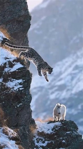 Edge of Survival: Snow Leopard Jumps from Cliff to Tske Down Mountain Goat 🐏🐆#SnowLeopard #shorts
