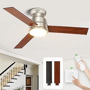 OKELI 52 Inch Brushed Nickel Ceiling Fan with Light and Remote Flush Mount Hugger Ceiling Fan 3 Dual Finish Blades 6 Speeds Reversible DC Motor LED Ceiling Fan with Light for Living Room Bedroom