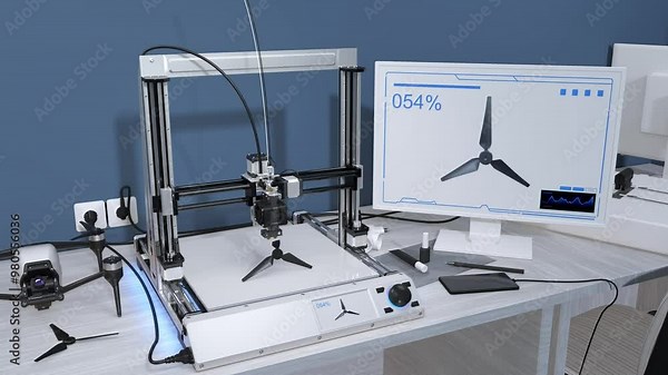 Animation of the 3D printing process for making propellers for a drone using a 3D printer. Fast production and replacement of propellers. 3d rendering.