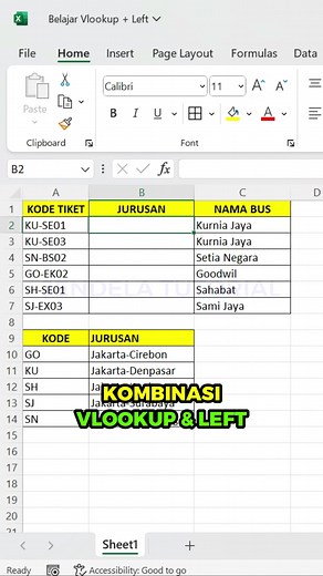 📊 Kombinasi Rumus VLOOKUP dan LEFT di Excel! 🔍 Apakah kamu ingin mencari data yang spesifik di Excel dengan lebih efisien? Yuk, gabungkan fungsi VLOOKUP dan LEFT! 🎯 Di video ini, kita akan membahas: 1️⃣ Cara menggunakan rumus =VLOOKUP(LEFT(A2,2),$A$10:$B$14,2,0) untuk mencari data yang sesuai dengan dua karakter pertama dari sebuah sel. LEFT(A2,2): Mengambil dua karakter pertama dari sel A2. Fungsi ini sangat berguna ketika kamu hanya perlu membandingkan sebagian data, seperti kode wilayah, i