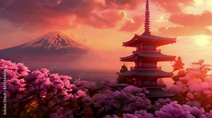 Blooming cherry blossom gardens near a traditional Japanese temple with a sacred mountain in the background at sunset.