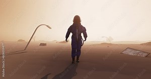 The Last Human Walking in an Lifeless Old City After the War. Post-Apocalyptic Scene. Great Destruction Related 3D CG 4K Animation.