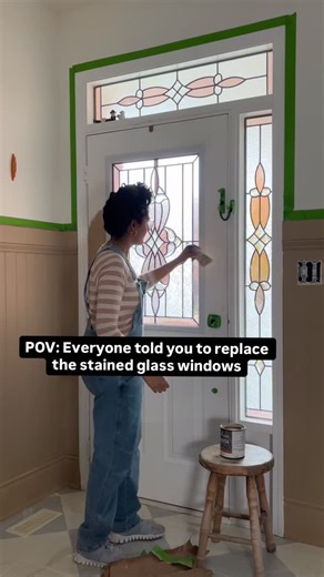 Hana | DIY & Home Design on Instagram: "Is stained glass dated? That’s what everyone kept telling me when they saw this window. But I couldn’t do it. There’s something about the character, and the way the light hits in the afternoon. It felt like part of the house’s story. I didn’t want to erase that just because it wasn’t “in style.” At first, I painted the door the same color as the beadboard, hoping it would blend in. But it didn’t—it looked flat. Then I tried a darker color, (Silhoutte), and