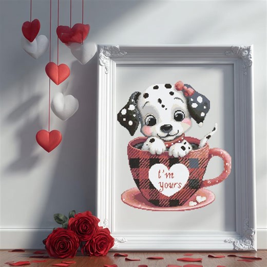 Dog Cross Stitch Pattern Instant PDF Download- Dalmatian Dog in a Cup Watercolor Cross Stitch Hand Embroidery Valentine's Day Animal Pattern - Etsy