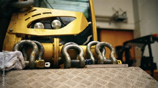 Detailed shot of shackles attached to a crane used for lifting and securing heavy industrial loads.