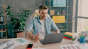 Angry business man boss make video call employee find out fatal mistake