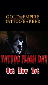 🎃HALLOWEEN TATTOO FLASH DAY🎃 •November 1st •LUCKY DOOR PRIZES •Best Dressed Prize •Fake Tattoos $20 •@gold.empire.express REVEAL and winner announced 👻 Come down for some FUN and cool Tatts 🕺🎃 | Gold Empire Tattoo Barber