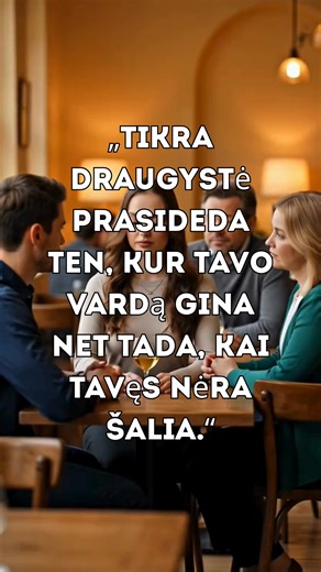 Vakaras. Maža kavinė. Prie stalo sėdi keli žmonės. Vieno iš jų nėra. Pokalbis trumpam nutyla, kai kažkas pasako kritišką pastabą apie tą, kurio nėra. Tada vienas žmogus ramiai pakelia akis ir pasako kelis tvirtus, bet ramius žodžius. Ne pykčiu, o pagarba. Atmosfera pasikeičia. Tema užsidaro. Pokalbis juda toliau. Tas, kurio nebuvo prie stalo, apie tai niekada nesužinos. Bet būtent taip ir atrodo tikra draugystė — kai tavo vardas saugomas net tada, kai tu negirdi. | Švelni Jėga