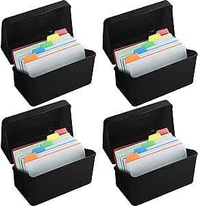 Seajan 4 Pack Index Card Holder 3 x 5 Index Card Organizer Box with 20 Dividers 420 Ruled Index Cards Durable Flash Card Holder Index Card Case for Flash Cards Business Card Recipe (Black)