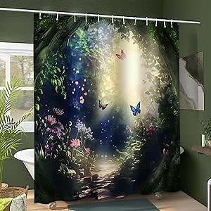 Enchanted Forest Shower Curtain, Fairy Garden Shower Curtains for Girls Bathroom Decor Fantasy Scenic Nature Scenery Bath Curtain Set, Waterproof, Polyester Fabric, with Hooks, 72x72in