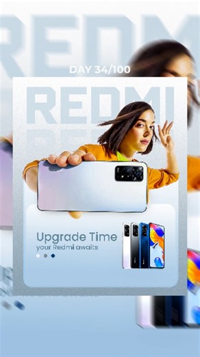 Creative Designs on Instagram: "Day 34/100 – Upgrade your vibe, upgrade your phone 📱⚡ A clean and high-impact Redmi phone ad design with forced perspective, bold product focus and modern branding built for reel attention and conversions — save this for your project! Redmi phone ad design, smartphone poster design, mobile ad creative, tech poster design, digital branding, daily design challenge, product promotion design, social media poster ideas #Redmi #SmartphoneAd #PhoneDesign #MobileCreative