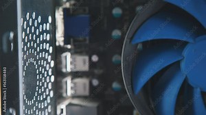 Computer cooling system. Fan in a personal computer. Modern ventilation device. Cooling the microprocessor in a digital device.