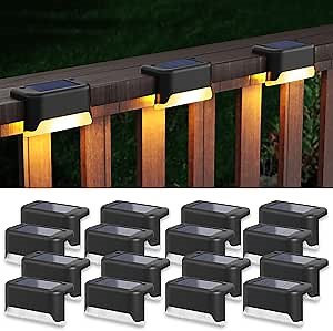APONUO Solar Step Deck Fence Lights, Outdoor Waterproof Led, 1.77x3.14x1.73in, Black, Warm White, 16 Pcs, Path, Light, for Patio, Stairs, Garden Pathway, Step and Fences