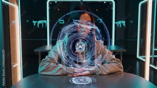 woman at table with hologram and ai interface. technology display glows under neon light. chair behind subject. hand rests on tabletop near circular interface and projected data. orbiting ring.
