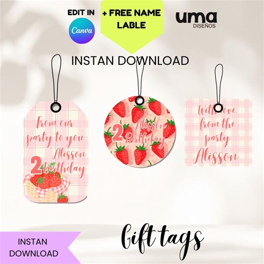STRAWBERRY Favor Tags Printable Editable   Free Name Label, STRAWBERRY Party Tags, Treat Bag Labels, STRAWBERRY Party Decorations Digital - Etsy