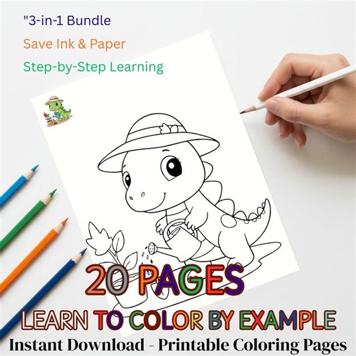 Dinosaur Coloring Book With Colored Guide "learn to Color: Dino Adventures (includes 20 Reference Cards) - Etsy Australia