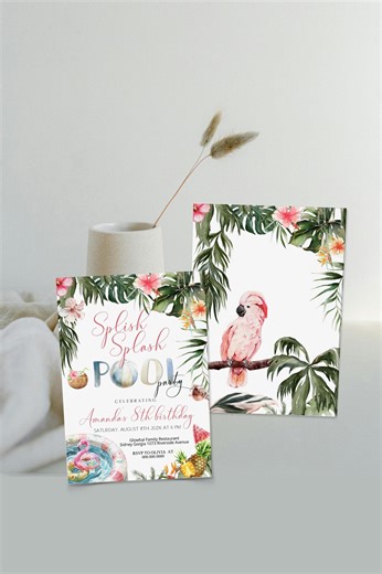 Splish Splash Pool Party Invitation, Summer Swimming Birthday, Tropical Theme, Girl Tween Birthday, Editable Template P132