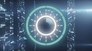 Animation of scope scanning and data processing over computer servers. Global computer data processing and digital interface concept digitally generated video.