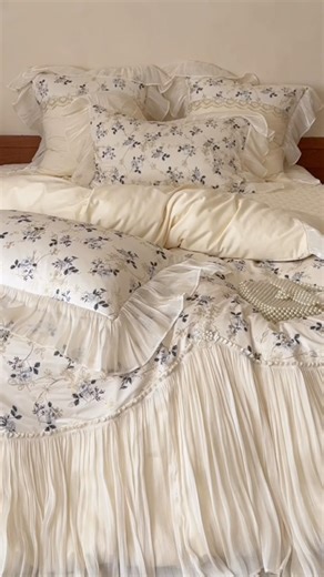 Shabby Chic 100S Long-Staple Cotton Crinkle Trim Floral Bedding 4 Pcs Set