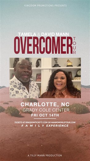 40K views · 620 reactions | Charlotte! Join Tamela & David Mann aka Mr. Brown for an amazing concert and comedy show. Come out for the Overcomer Tour on October 14th at The Grady Cole Center. Tickets available at KingdomTickets.com Friday, October 14, 2022 7:00 PM 9:30 PM Grady Cole Center 310 North Kings DriveCharlotte, NC, 28204 | Kingdom Promotions | Facebook