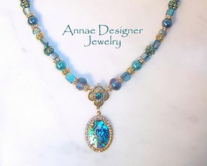 Teal Green/Aqua Paua Shell necklace with rhinestone accents, gold