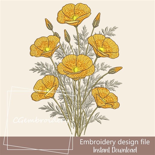 California Poppy Flowers Embroidery File, Flowers Embroidery File, Botanical, Boho Floral Machine Embroidery Pattern, Wildflower Embroidery