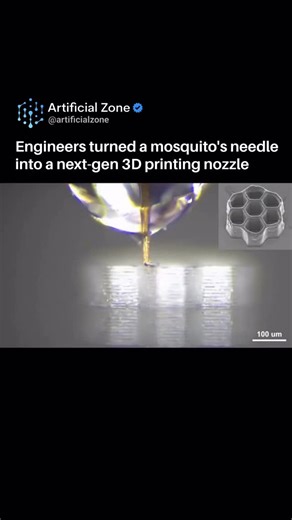 AI | Technology on Instagram: "Engineers have recreated one of nature’s most precise tools. A mosquito’s proboscis, the ultra-thin needle it uses to pierce skin, inspired a new high precision 3D printing nozzle that can create structures only micrometers wide. The team studied how the proboscis slides smoothly into tissue with minimal force. They then engineered a flexible, layered nozzle that mimics its shape and mechanics, allowing it to print complex microstructures with extraordinary accurac