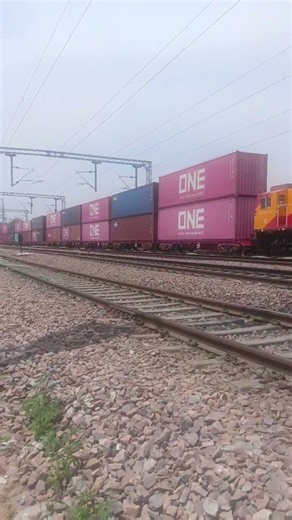 待避線に2段積みコンテナ貨物列車がいると、存在感に圧倒されます。double stack container Indian railway #インド鉄道 #doublestackcontainer