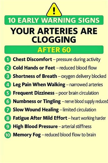 ⚠️ 10 Early Warning Signs Your Arteries Are Clogging After 60