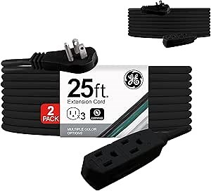 GE 3 - Flat 25 Ft Grounded with Multiple 3 Prong Extender Flat Plug Power Strip Indoor 16 Gauge UL Listed 2 Pack Black 69887