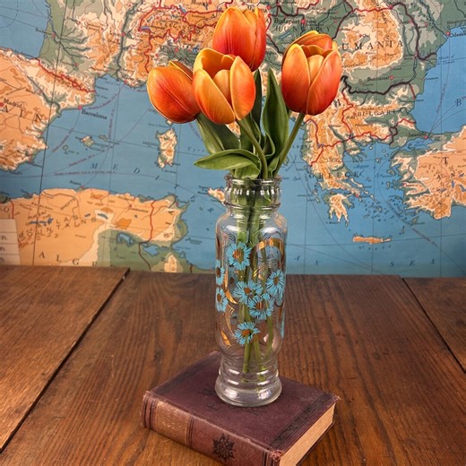 Vintage 1940s Turquoise Blue & Gold Glass Bud Vase - Mid-century Art Glass | 9.25” Tall - Etsy