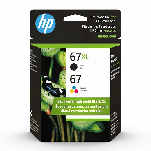 HP 67 Tri-Color Ink Cartridges High/Standard Yield 2 Per Pack, 67XL Black, Cyan, Magenta, Yellow