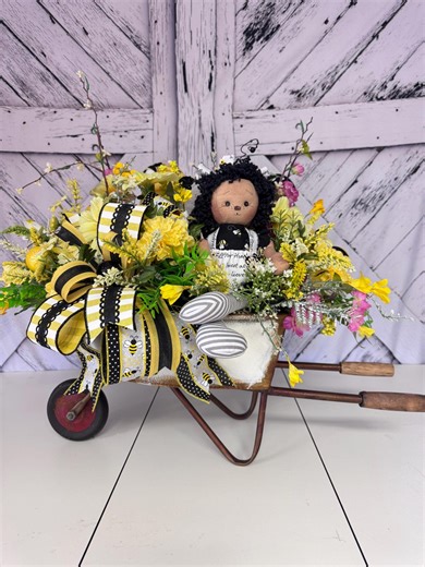 Bee Garden Wheelbarrow Centerpiece, Spring Floral Decor, Handmade Doll by Sharyn Priester, Farmhouse Table Decor, Bumblebee Arrangement - Etsy