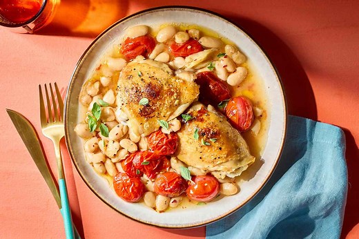 This One-Pan, Tuscan-Inspired, Chicken With White Beans and Tomatoes Recipe Couldn't Be Easier