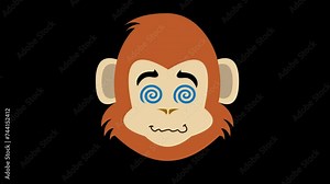 video animation face monkey primate or chimpanzee cartoon with spiral shaped hypnotized eyes, on a transparent background with zero alpha channel