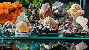 A collection of colorful rocks and minerals are displayed on a glass shelf