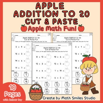 Apple Addition to 20 Cut & Paste | Fall Math Worksheets | 1st & 2nd Grade