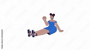 Plump african american woman eating sandwich line 2D character animation. Healthy nutrition flat color cartoon 4K video, alpha channel. Black lady with plus size animated person on white background