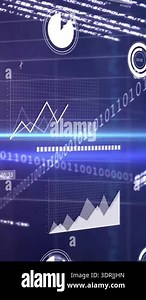 Animation of stock market and statistical data processing against black background. Global economy and business technology concept