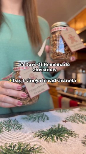 24 DAYS OF HOMEMADE CHRISTMAS🎄🤍 Gingerbread Granola Crunchy, spiced, and perfect for cozy mornings or holiday gifting! Comment “GRANOLA” for the full printable recipe & tags sent to your DMs or find it below! Ingredients: 2 cups rolled oats 1 cup nuts (pecans, walnuts, cashews) ¼ cup coconut oil or butter, melted ⅓ cup honey or maple syrup 1 tsp vanilla extract 3 tbsp molasses 2 tbsp water 2 tsp ginger, 2 tsp cinnamon ½ tsp cloves, ½ tsp nutmeg Instructions: Preheat oven to 325°F (165°C) & lin