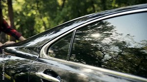 Young woman trying to push car on a road